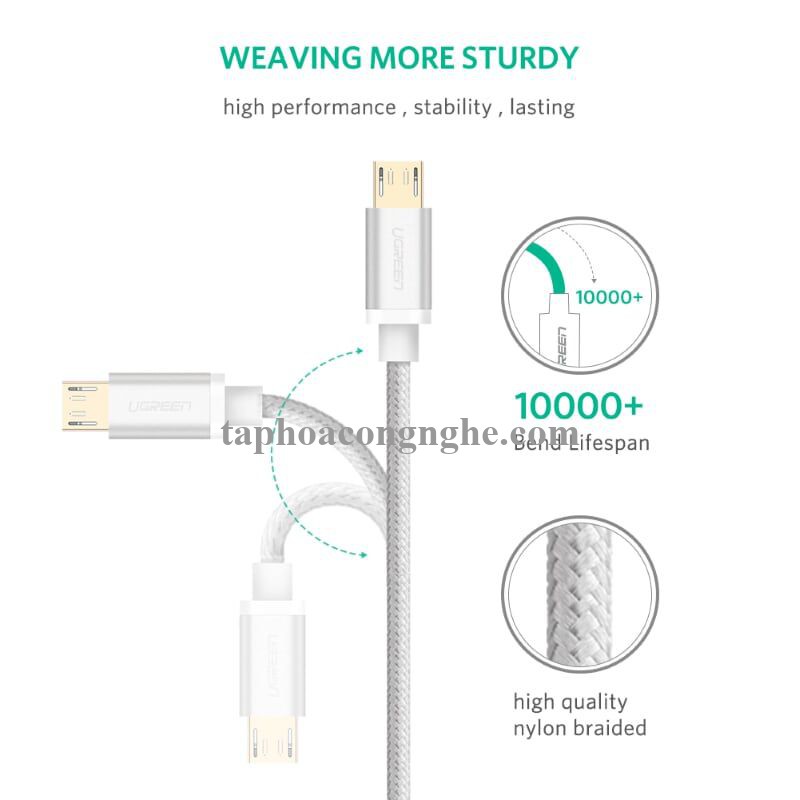 Ugreen 30654 0.5M màu Trắng Cáp sạc truyền dữ liệu USB 2.0 sang MICRO USB đầu mạ vàng US134 30030654